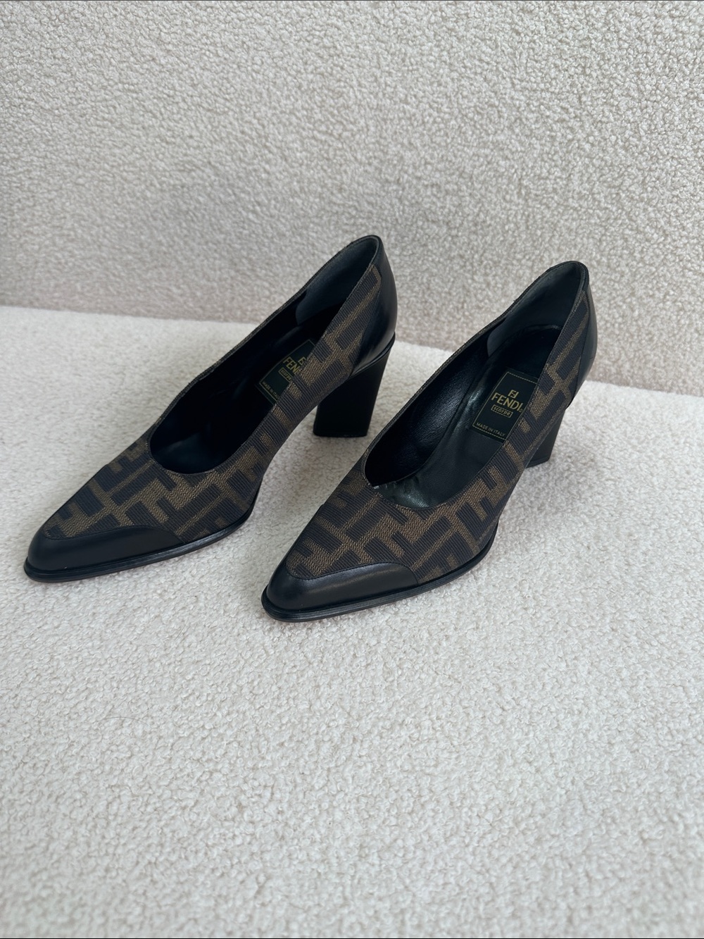 Fendi Brown & Black FF Logo Pointed Block Heel Pumps